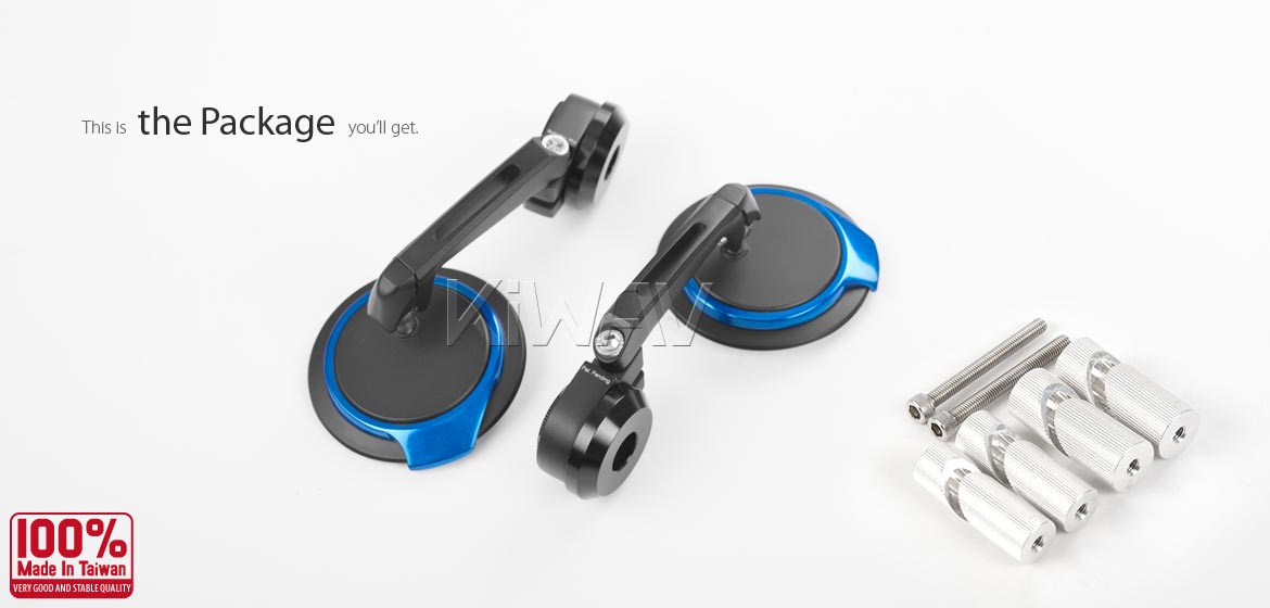Thinnest motorcycle mirrors KiWAV motorcycle bar end mirrors Aura blue for 1 inch & 1-1/4 inch hollow end handlebars
