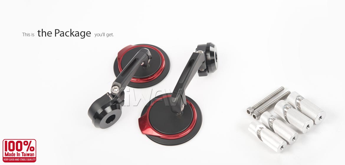 Thinnest motorcycle mirrors KiWAV motorcycle bar end mirrors Aura red for 1 inch & 1-1/4 inch hollow end handlebars