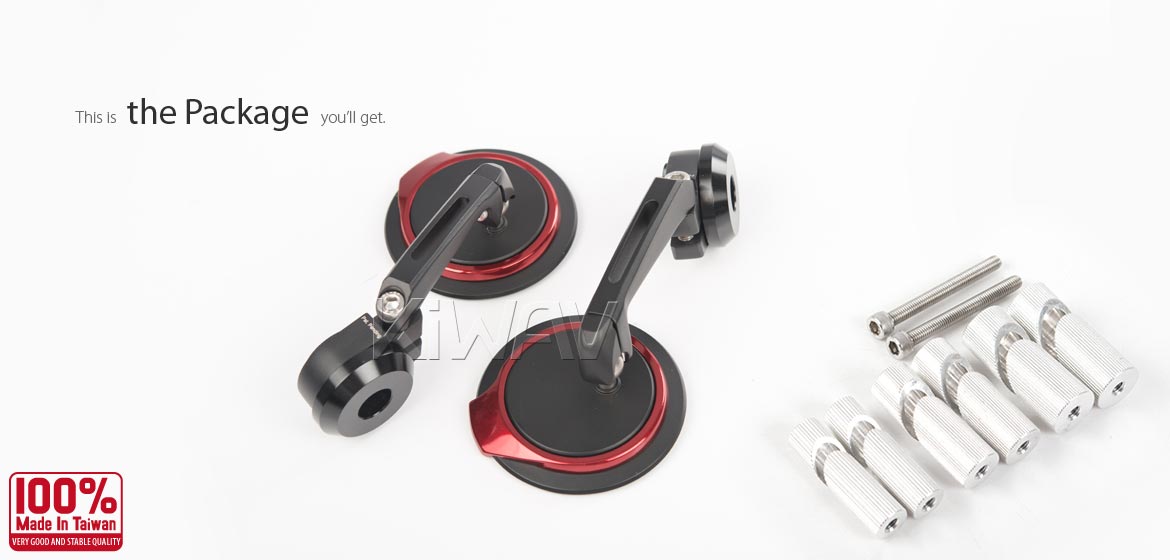 Thinnest motorcycle mirrors KiWAV motorcycle bar end mirrors Aura red for 7/8 inch, 1 inch, 1-1/4 inch hollow end handlebars