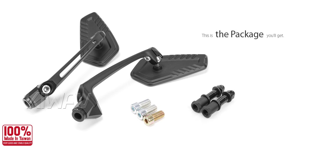 Thinnest motorcycle mirrors KiWAV motorcycle mirrors Blade black compatible with Triumph 25mm handlebar and go-through mounts