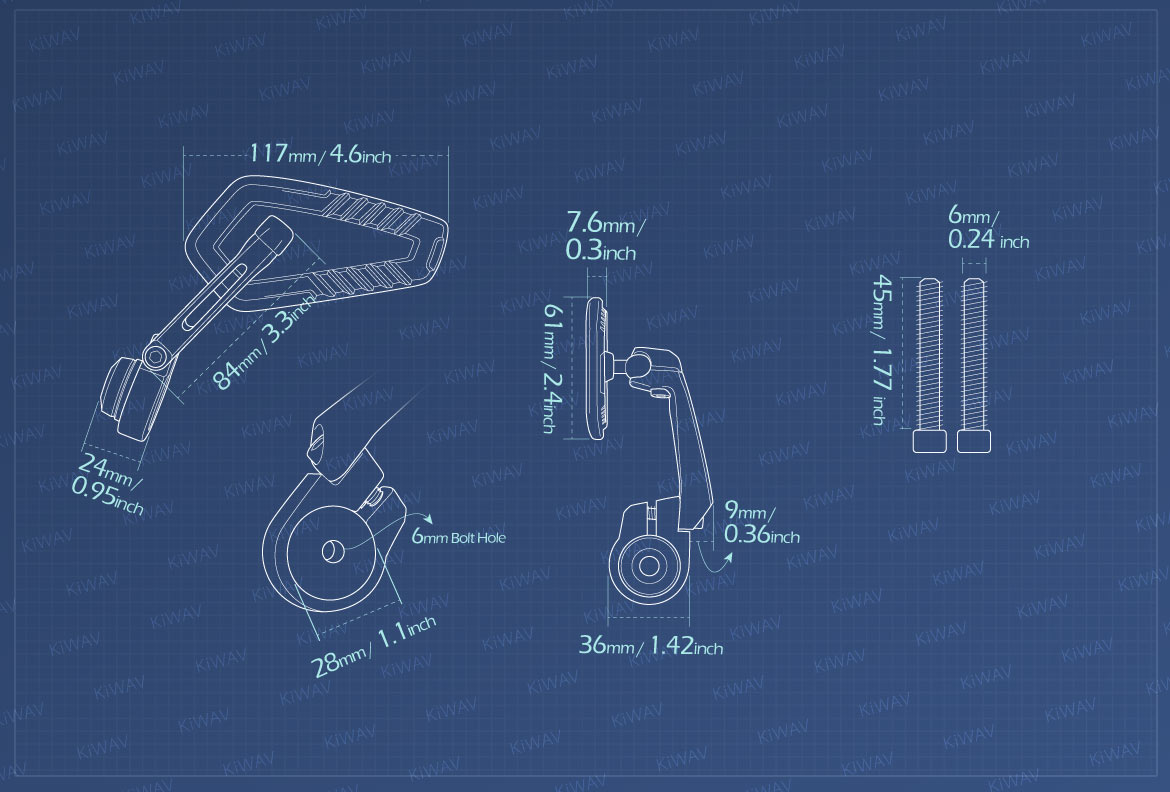 Measurement of KiWAV motorcycle bar end mirrors Blade compatible for M6 threaded handlebars