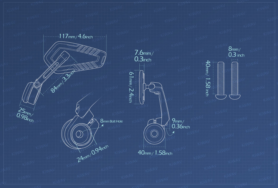 Measurement of KiWAV motorcycle bar end mirrors Blade compatible with BMW M8 threaded handlebar