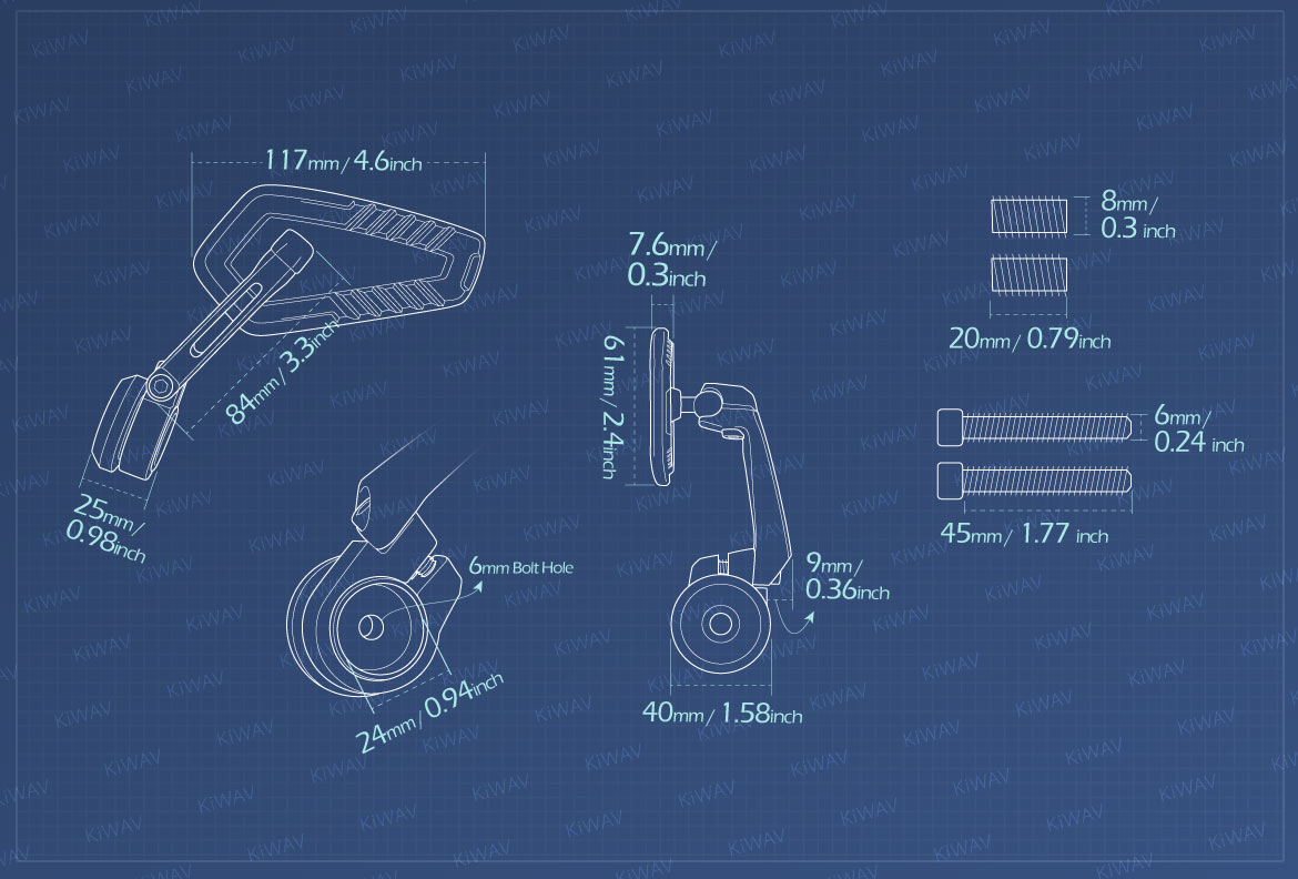 Measurement of KiWAV motorcycle bar end mirrors Blade heavy weight compatible for M8 threaded handlebars