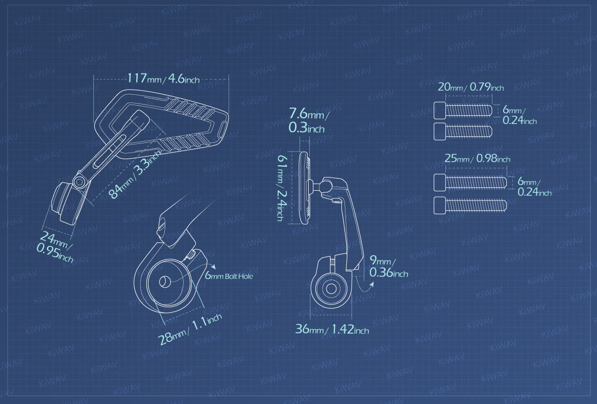 Measurement of KiWAV motorcycle bar end mirrors Blade compatible for Triumph water-cooled motorcycles