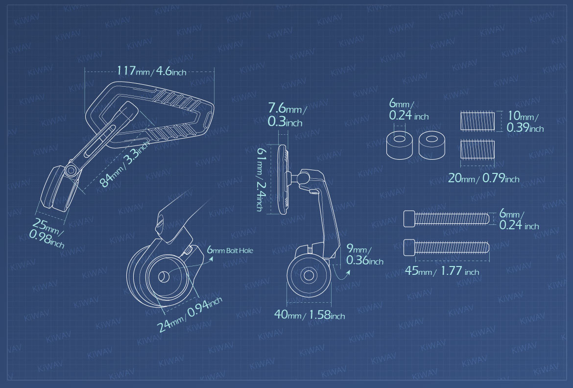 Measurement of KiWAV motorcycle bar end mirrors Blade compatible for BMW M10 threaded handlebar