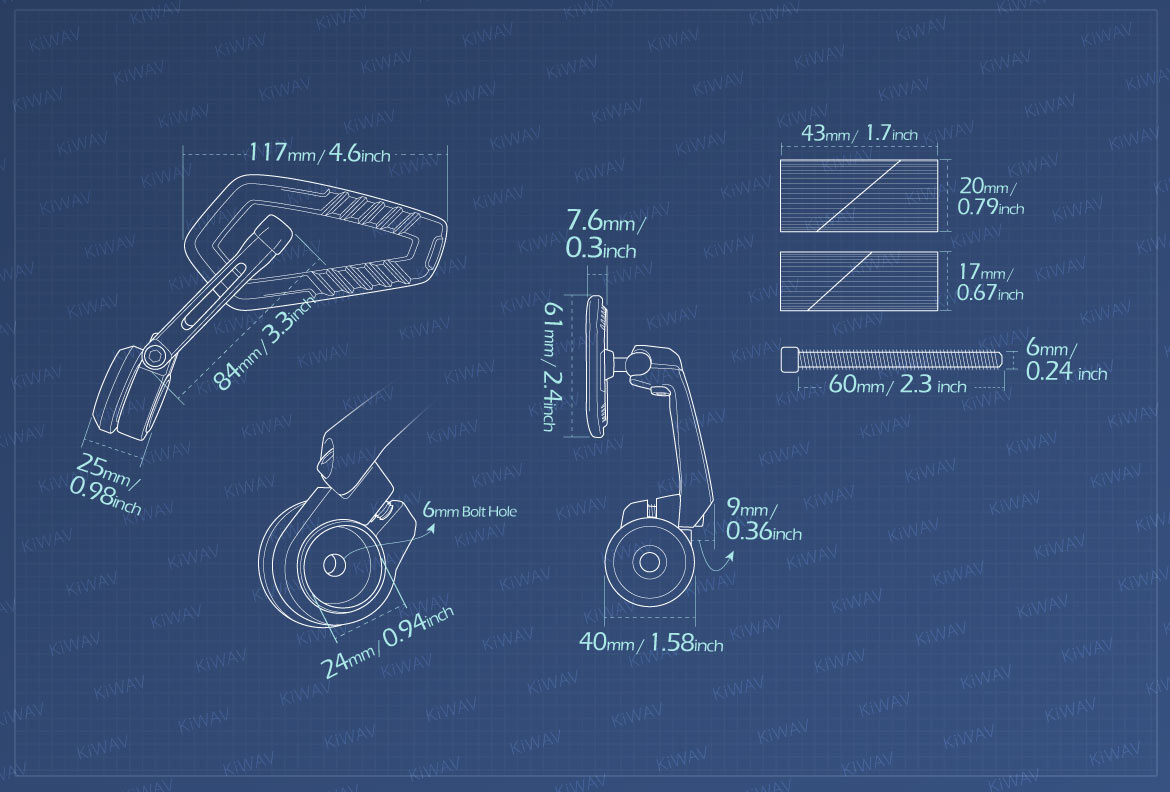 Measurement of KiWAV motorcycle bar end mirrors Blade for 1 inch & 1-1/4 inch hollow end handlebars