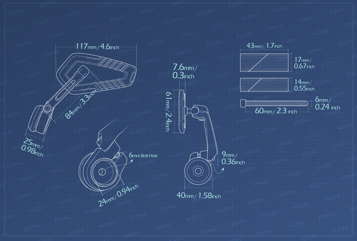 Measurement of KiWAV motorcycle bar end mirrors Blade for 7/8 inch hollow end handlebars