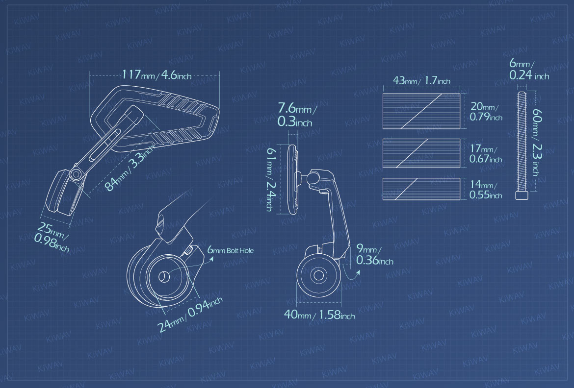 Measurement of KiWAV motorcycle bar end mirrors Blade for 7/8 inch, 1 inch, 1-1/4 inch hollow end handlebars
