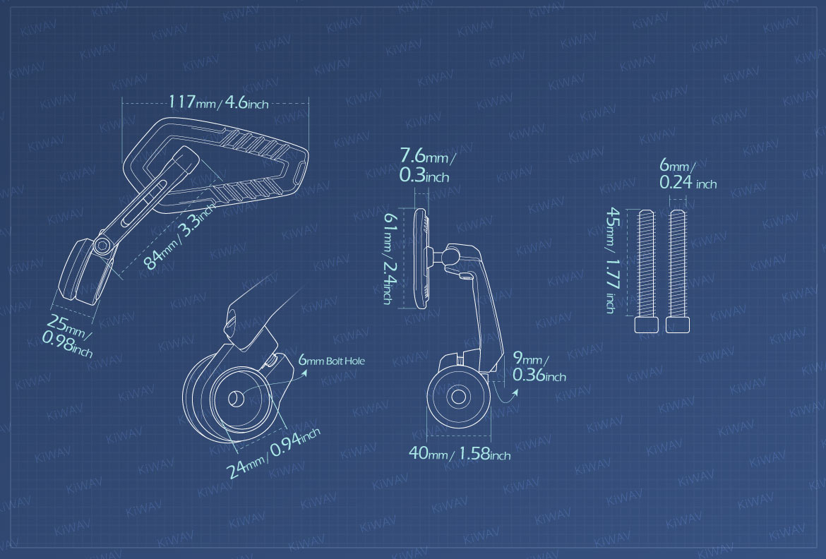 Measurement of KiWAV motorcycle bar end mirrors Blade heavy weight compatible for M6 threaded handlebars