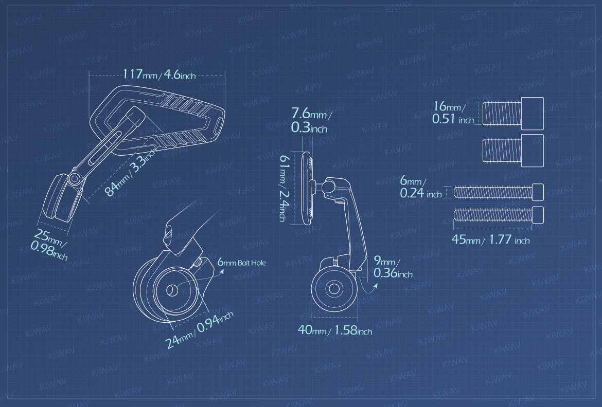 Measurement of KiWAV motorcycle bar end mirrors Blade heavy weight compatible for Yamaha M16 threaded handlebars