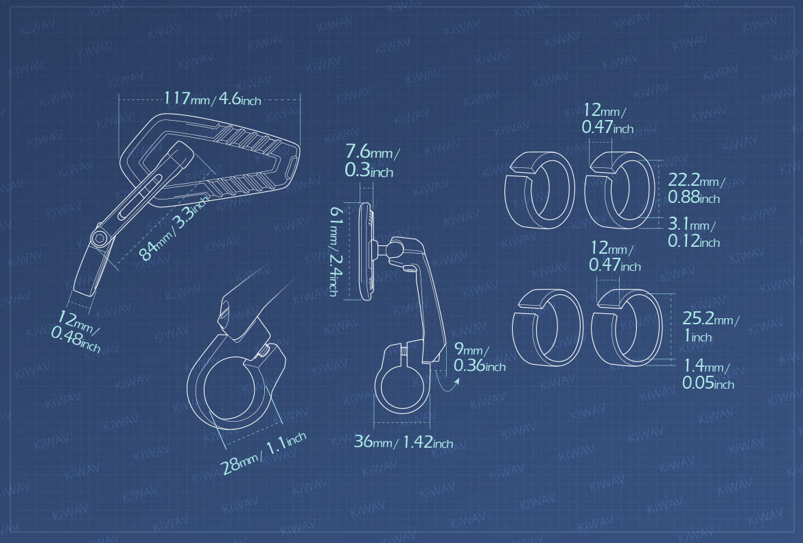 Measurement of KiWAV motorcycle bar end mirrors Blade compatible for 22/25mm handlebar