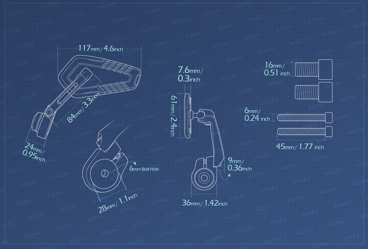 Measurement of KiWAV motorcycle bar end mirrors Blade compatible for Yamaha M16 threaded handlebars