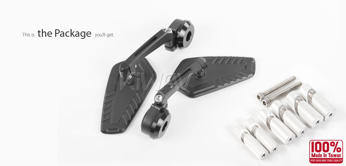 KiWAV motorcycle bar end mirrors Blade black for 7/8 inch, 1 inch, 1-1/4 inch hollow end handlebars