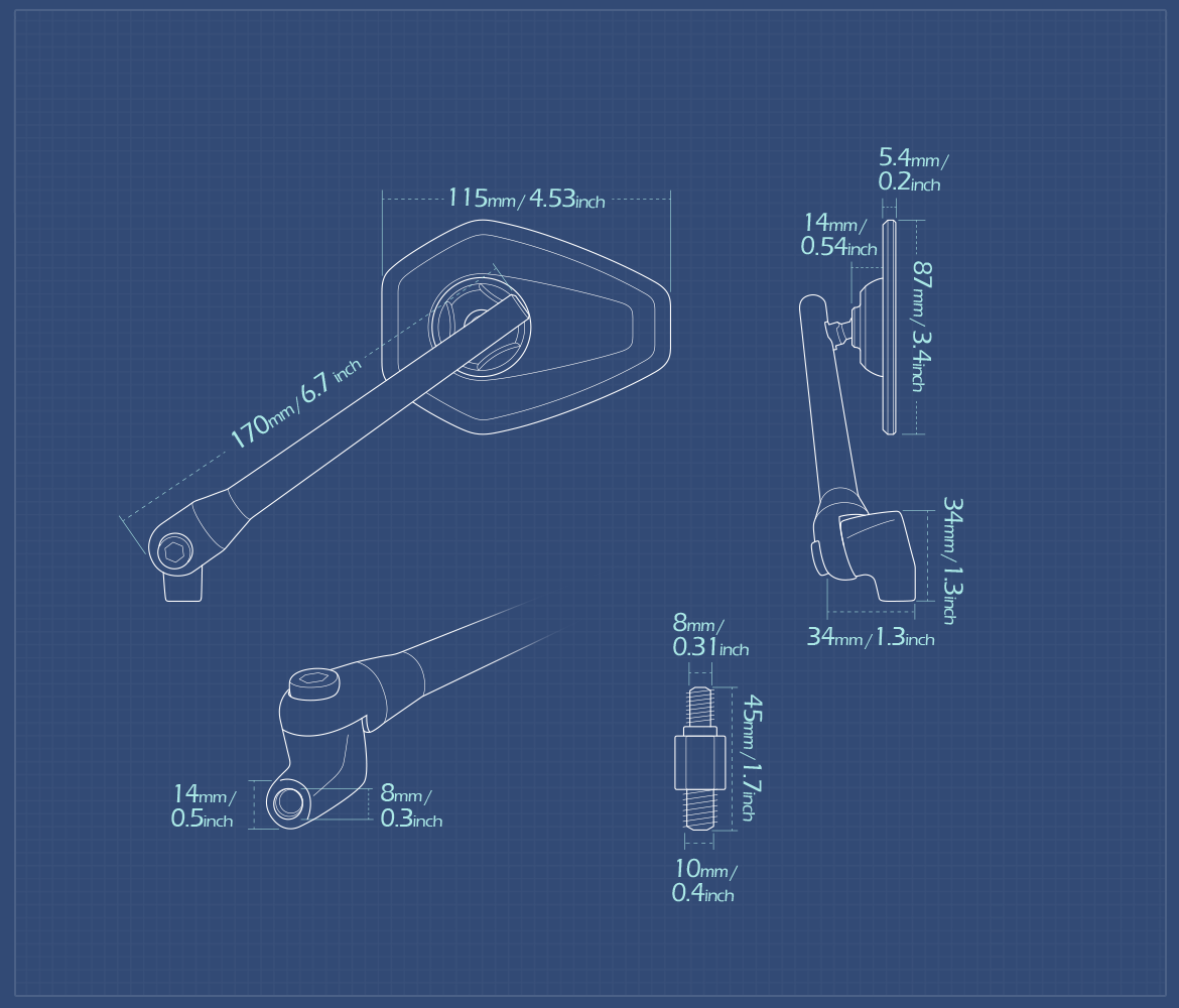 Measurement of KiWAV motorcycle mirrors Blok 10mm standard threaded a piece