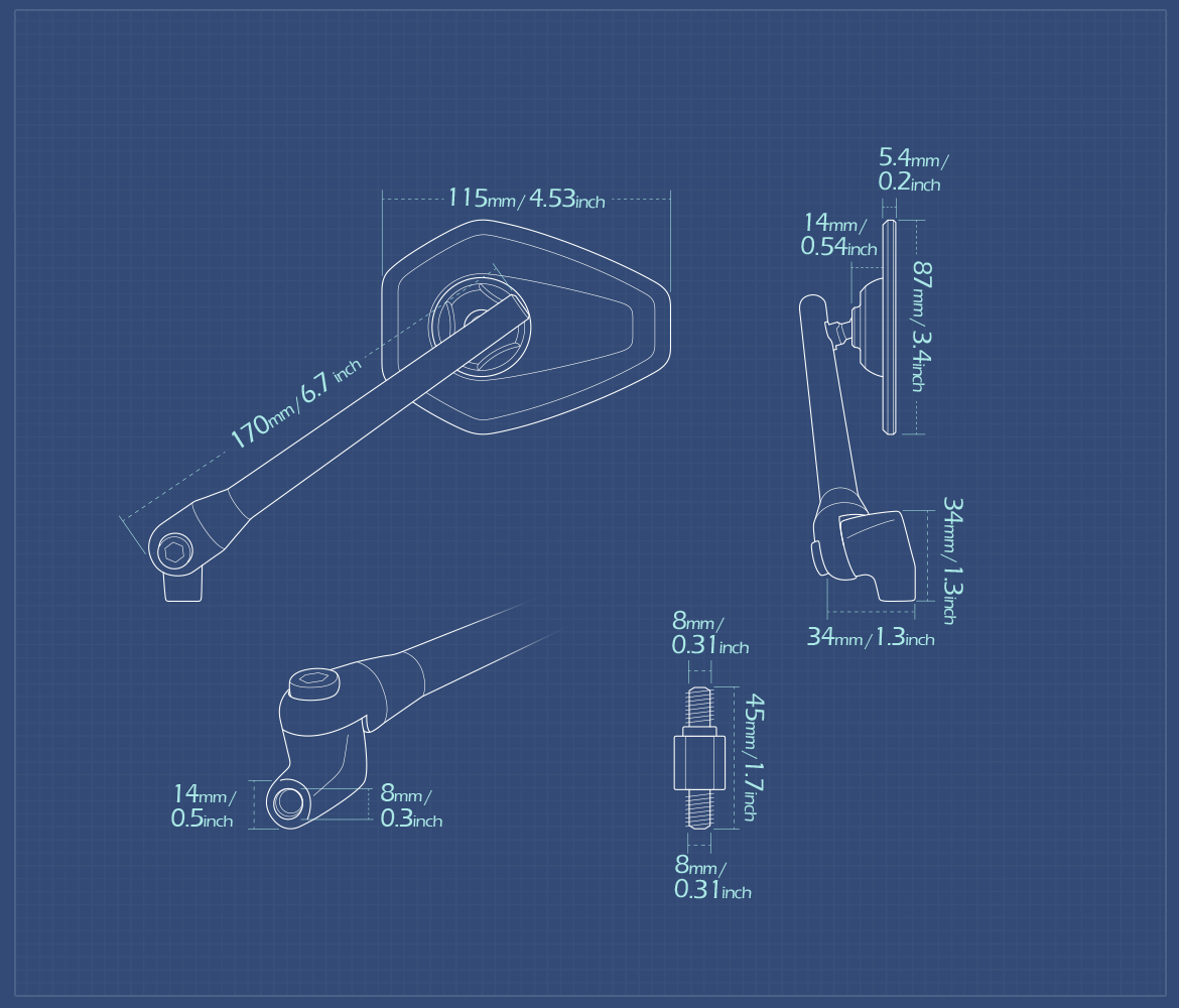 Measurement of KiWAV motorcycle mirrors Blok 8mm standard threaded a piece
