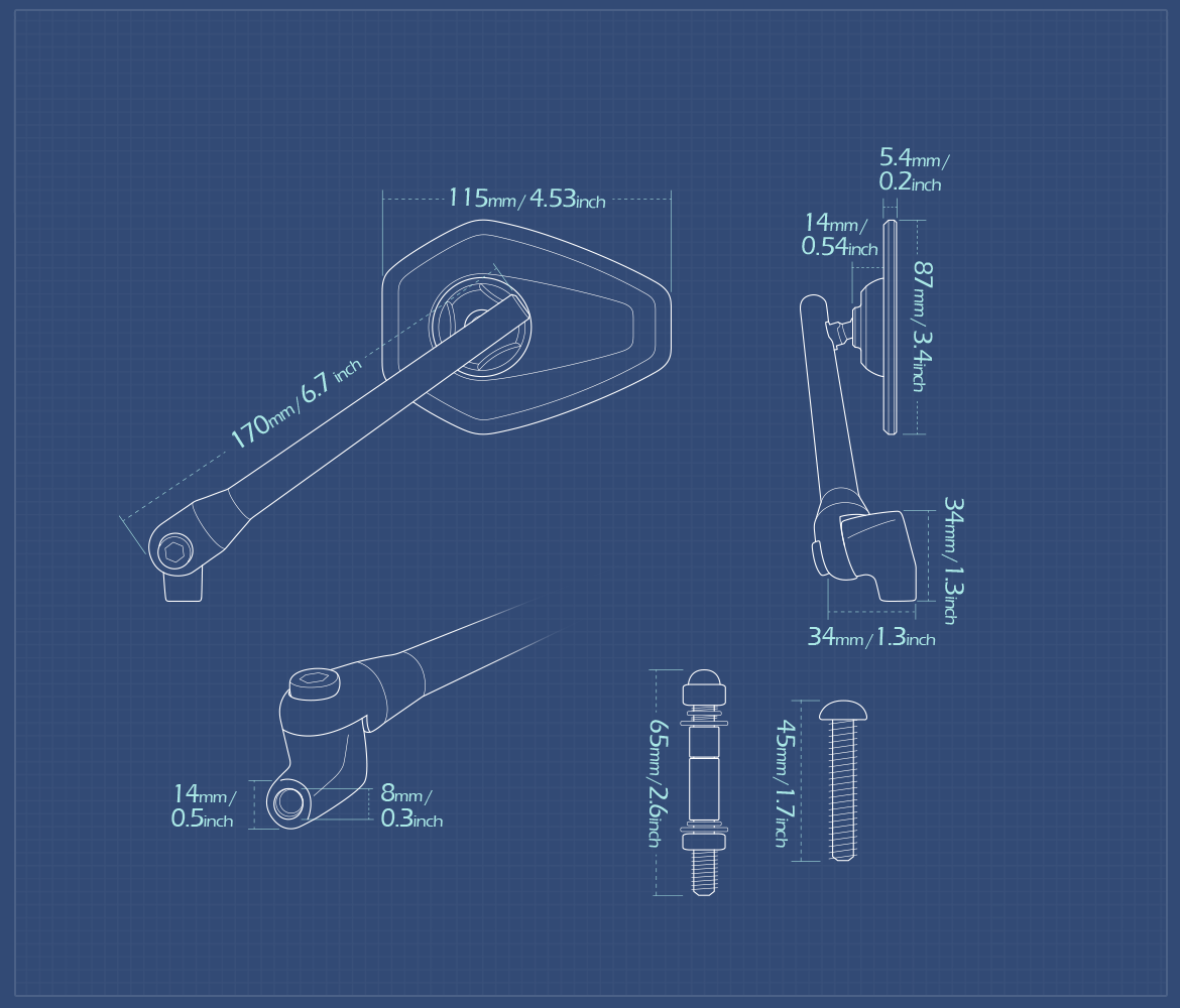 Measurement of KiWAV motorcycle mirrors Blok a piece compatible with most Harley Davidson, BMW R18