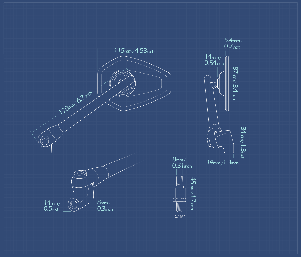 Measurement of KiWAV motorcycle mirrors Blok compatible with Harley Davidson Street 500/750