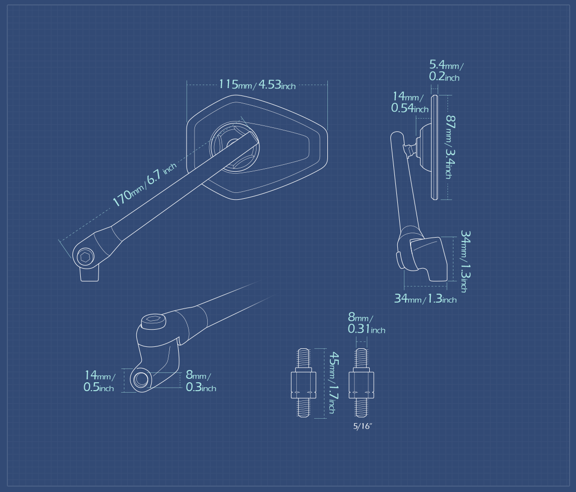 Measurement of KiWAV motorcycle mirrors Blok compatible with Harley Davidson Street 500/750