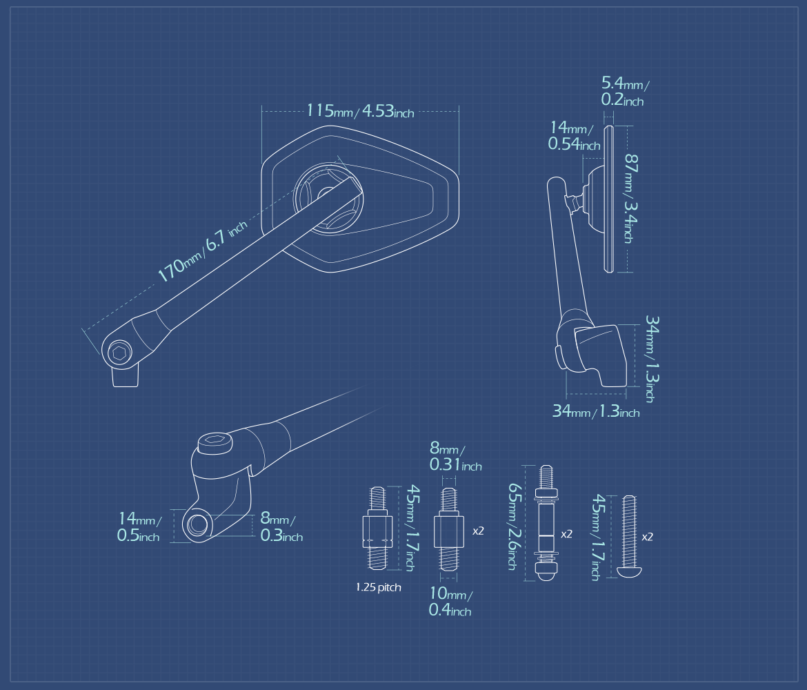 Measurement of KiWAV motorcycle mirrors Blok universal fit for 10mm mirror thread and Harley Davidson