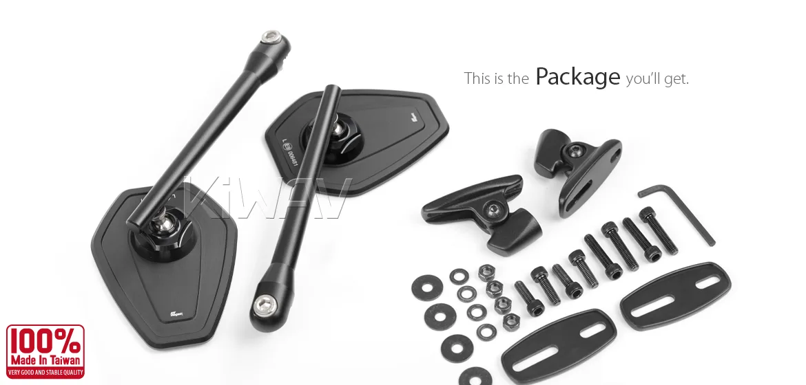 KiWAV motorcycle mirrors Blok fairing mount with black adapter for sportbikes