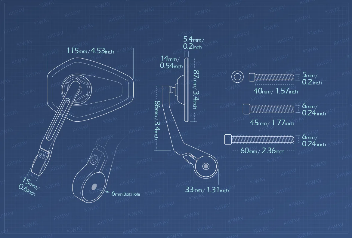 Measurement of KiWAV motorcycle bar end mirror Blok a piece compatible with Triumph air-cooled models
