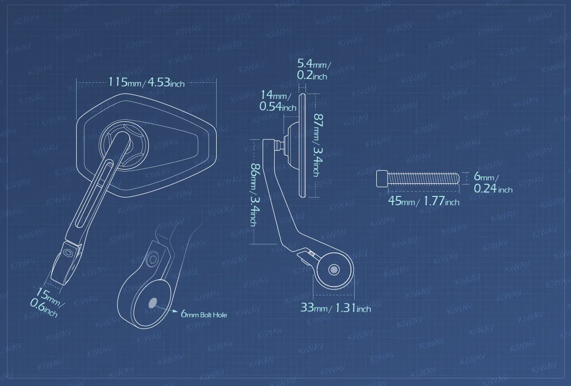 Measurement of KiWAV motorcycle bar end mirror Blok a piece for M6 threaded handlebars