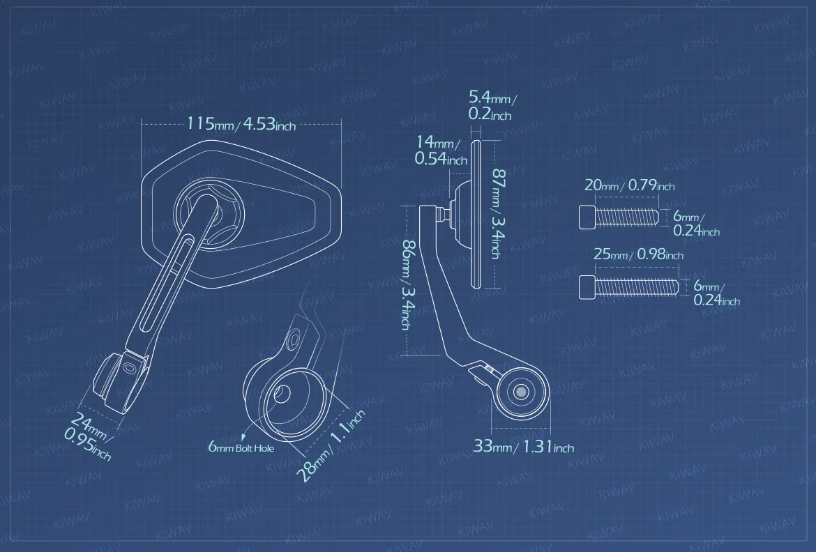 Measurement of KiWAV motorcycle bar end mirror Blok a piece compatible with Triumph water-cooled models