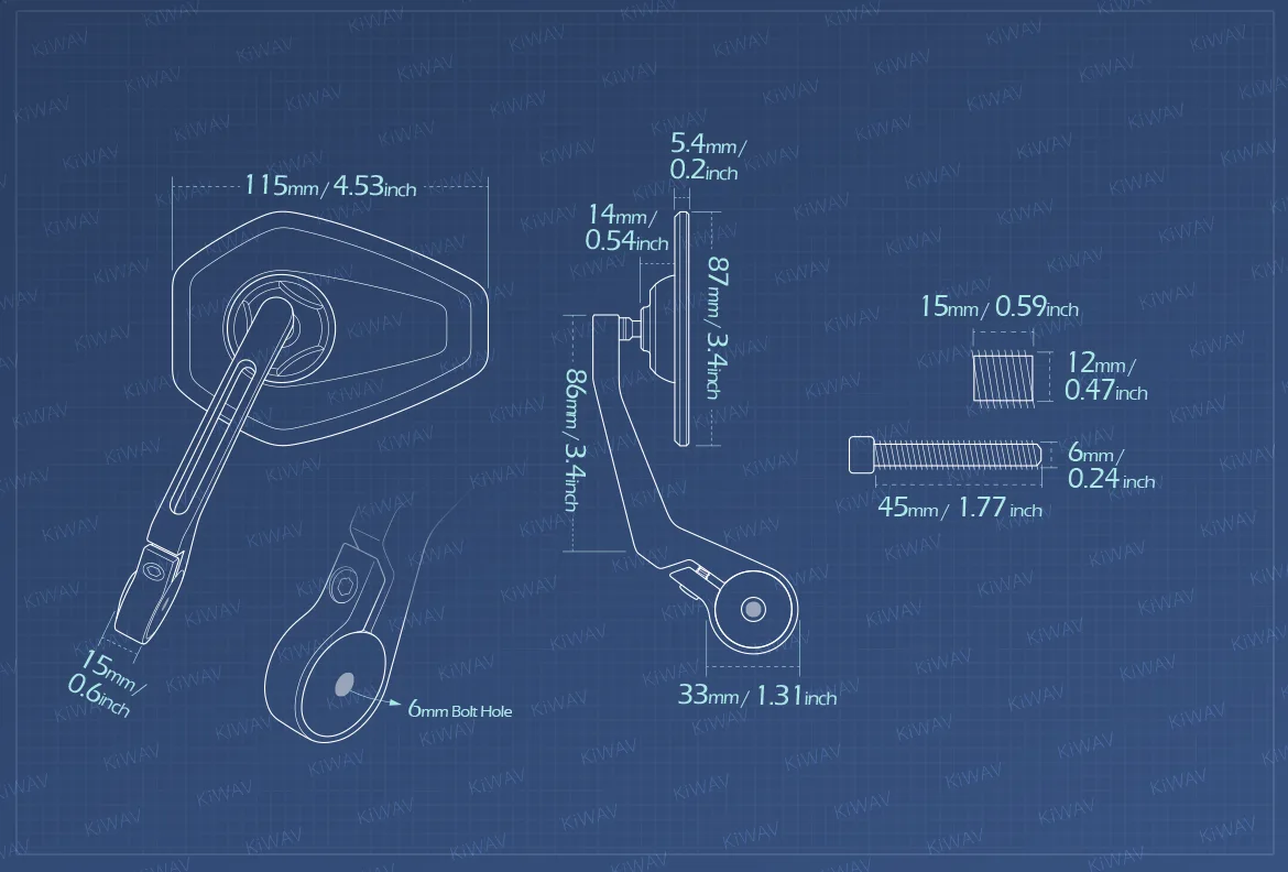 Measurement of KiWAV motorcycle bar end mirror Blok a piece compatible with BMW M12 threaded handlebar