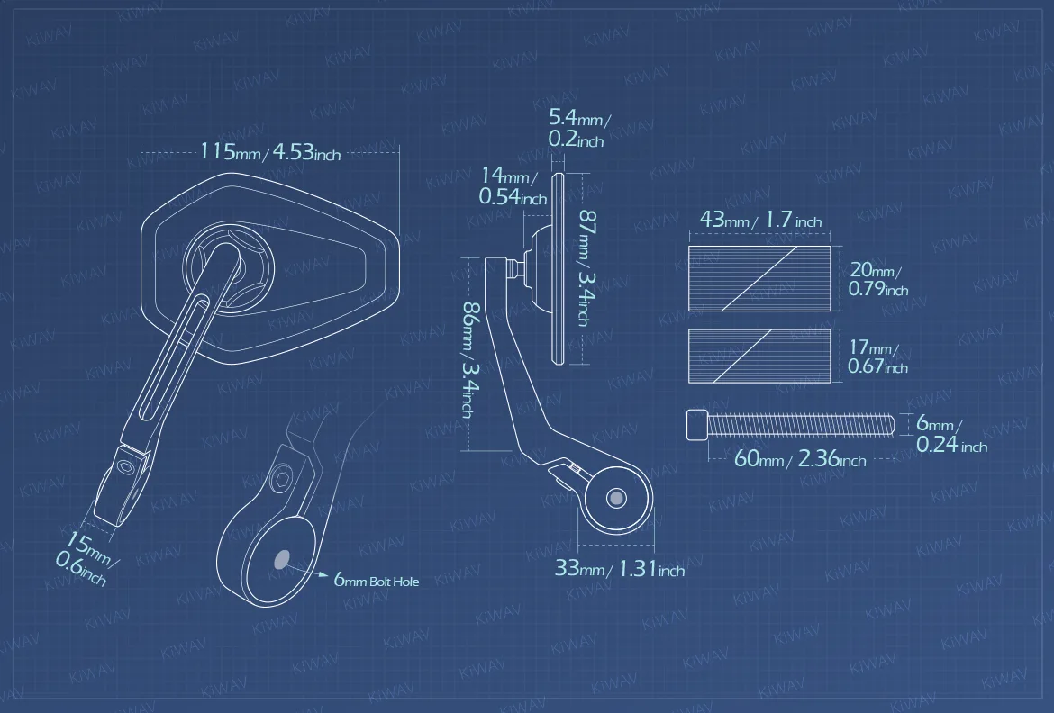 Measurement of KiWAV motorcycle bar end mirror Blok a piece for 1 & 1-1/4 inch hollow hollow end handlebars