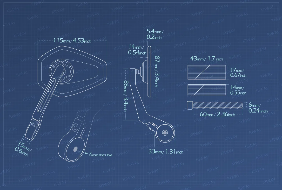 Measurement of KiWAV motorcycle bar end mirror Blok a piece for 7/8 inch hollow end handlebars