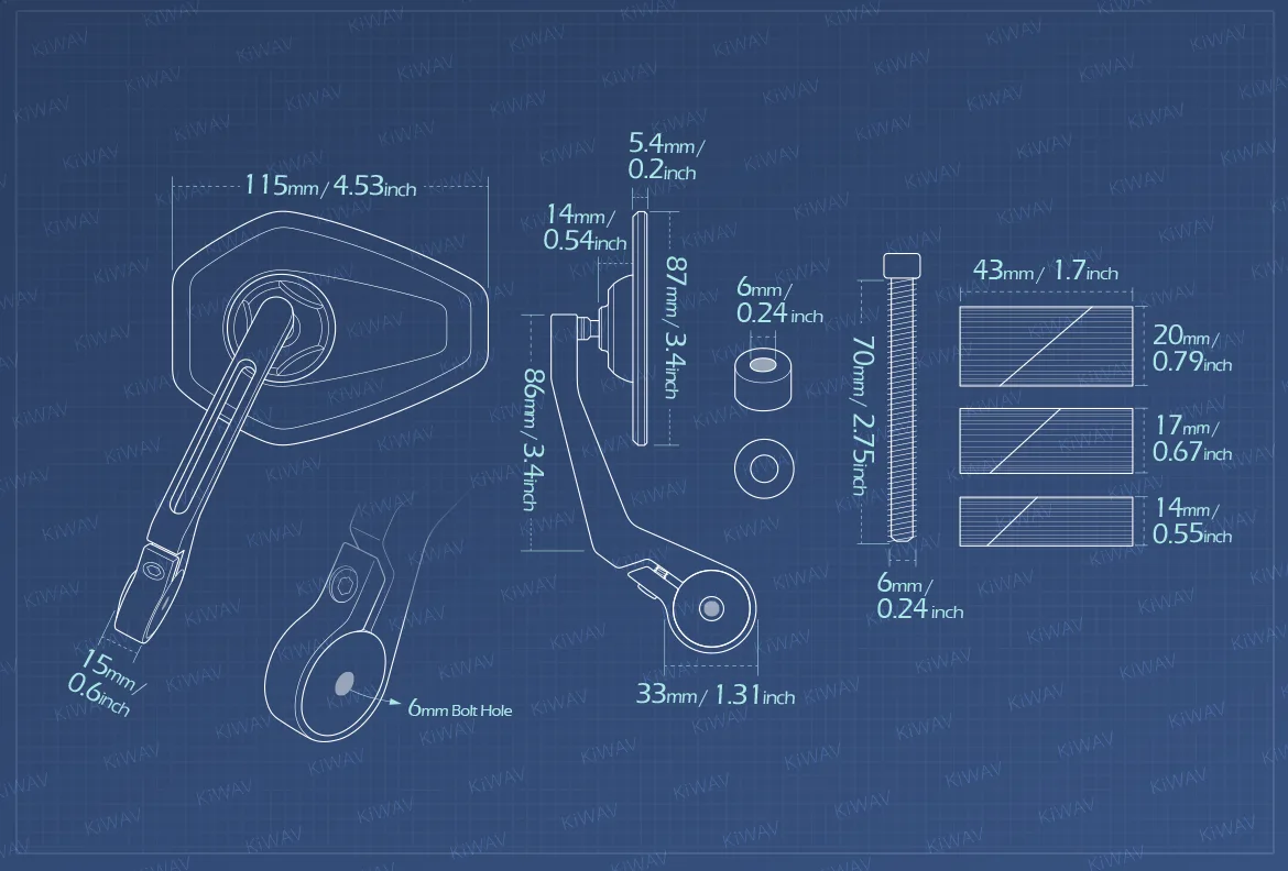 Measurement of KiWAV motorcycle bar end mirror Blok a piece compatible with Harley Davidson Sportster Dyna Softail XG street