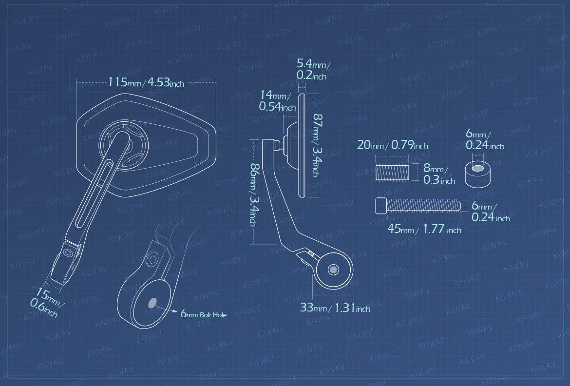 Measurement of KiWAV motorcycle bar end mirror Blok a piece compatible with Indian Scout Bobber