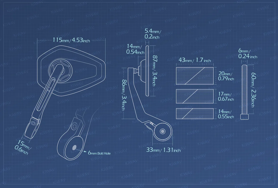 Measurement of KiWAV motorcycle bar end mirror Blok a piece universal fit for 7/8, 1, 1-1/4 inch hollow end handlebars