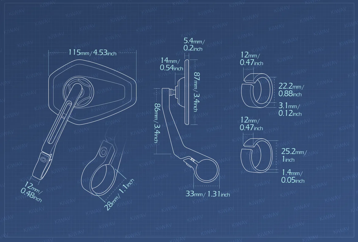 Measurement of KiWAV motorcycle bar end mirror Blok a piece for 22/25mm handlebar