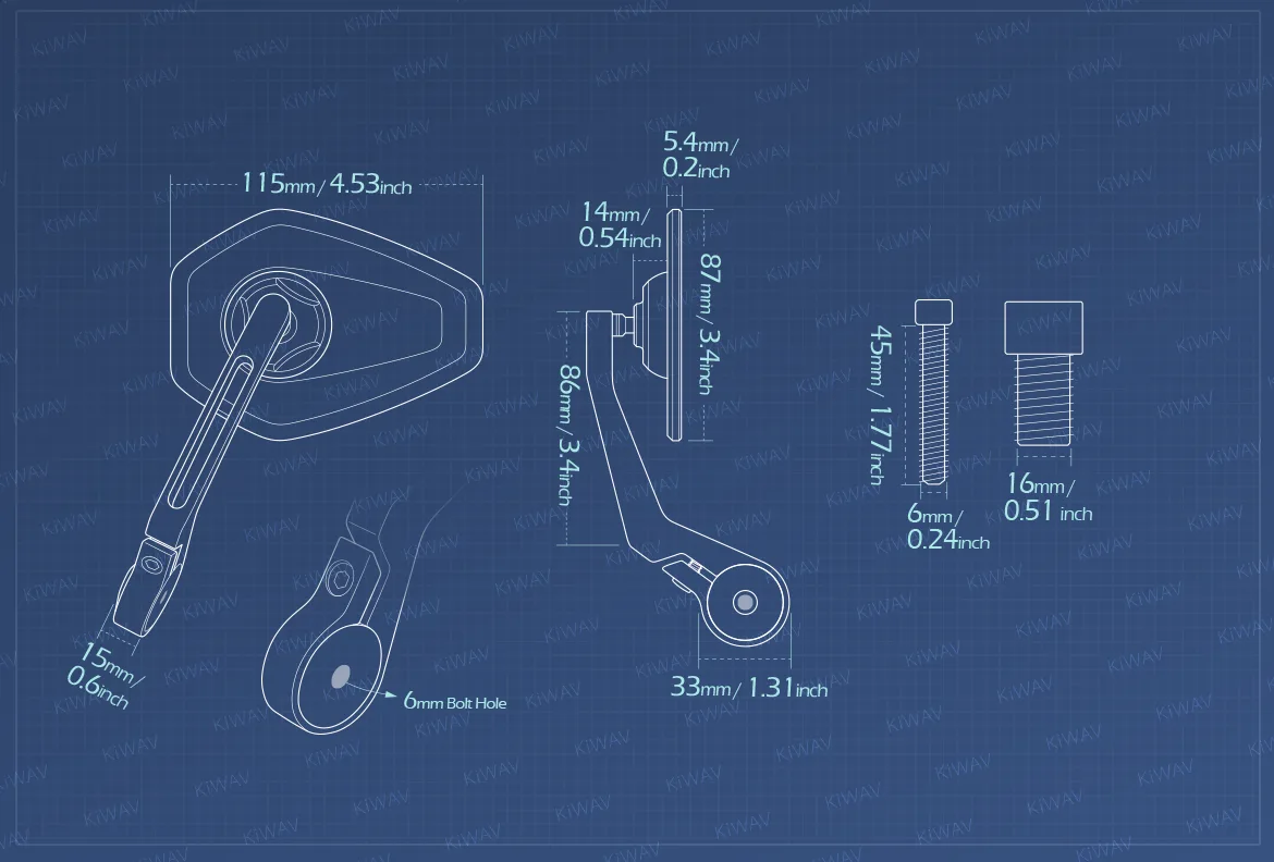 Measurement of KiWAV motorcycle bar end mirror Blok a piece compatible with Yamaha M16 threaded handlebars