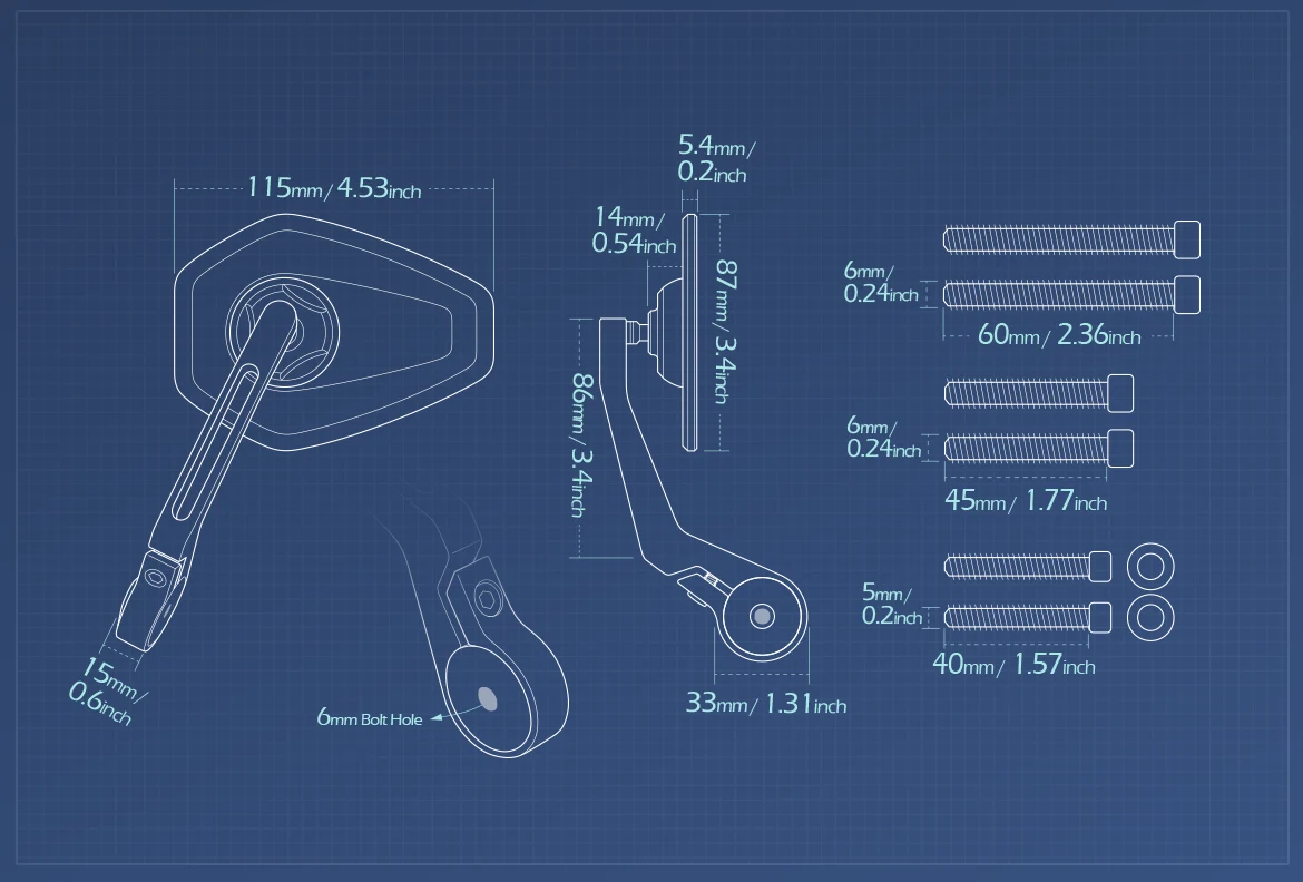 Measurement of KiWAV motorcycle bar end mirror Blok a pair compatible with Triumph air-cooled models
