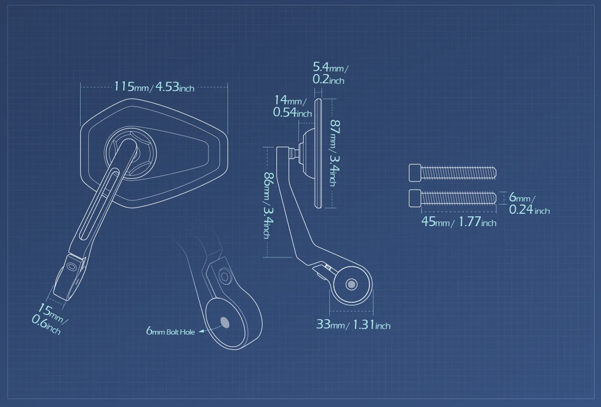 Measurement of KiWAV motorcycle bar end mirror Blok a pair for M6 threaded handlebars