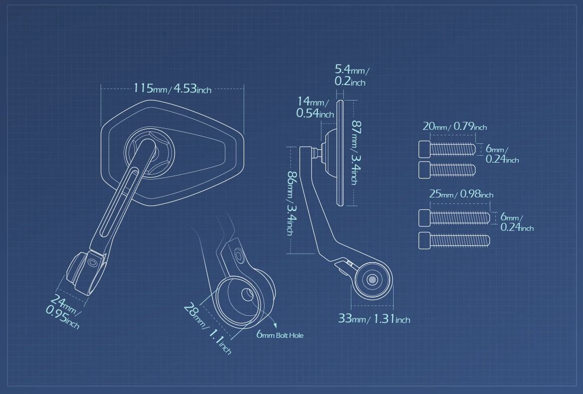Measurement of KiWAV motorcycle bar end mirror Blok a pair compatible with Triumph water-cooled models