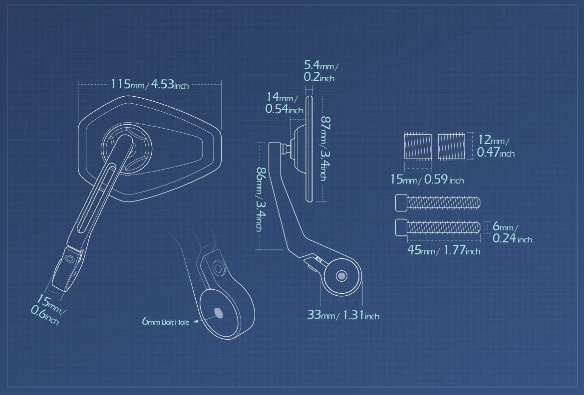 Measurement of KiWAV motorcycle bar end mirror Blok a pair compatible with BMW M12 threaded handlebar