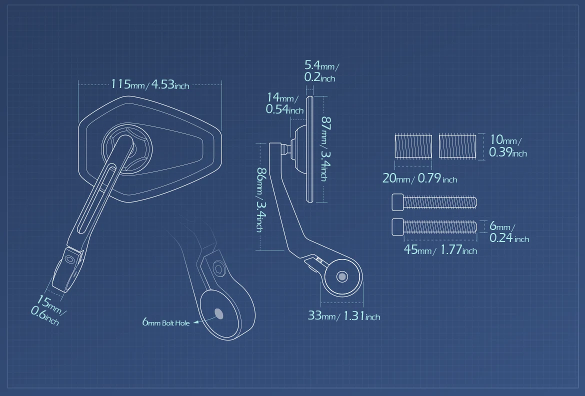 Measurement of KiWAV motorcycle bar end mirror Blok a pair compatible with BMW M10 threaded handlebar