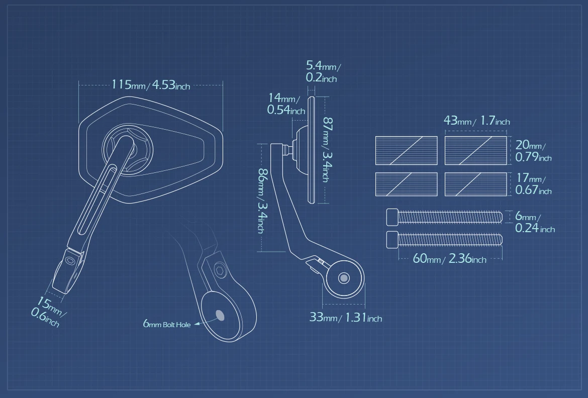 Measurement of KiWAV motorcycle bar end mirror Blok a pair for 1 & 1-1/4 inch hollow hollow end handlebars