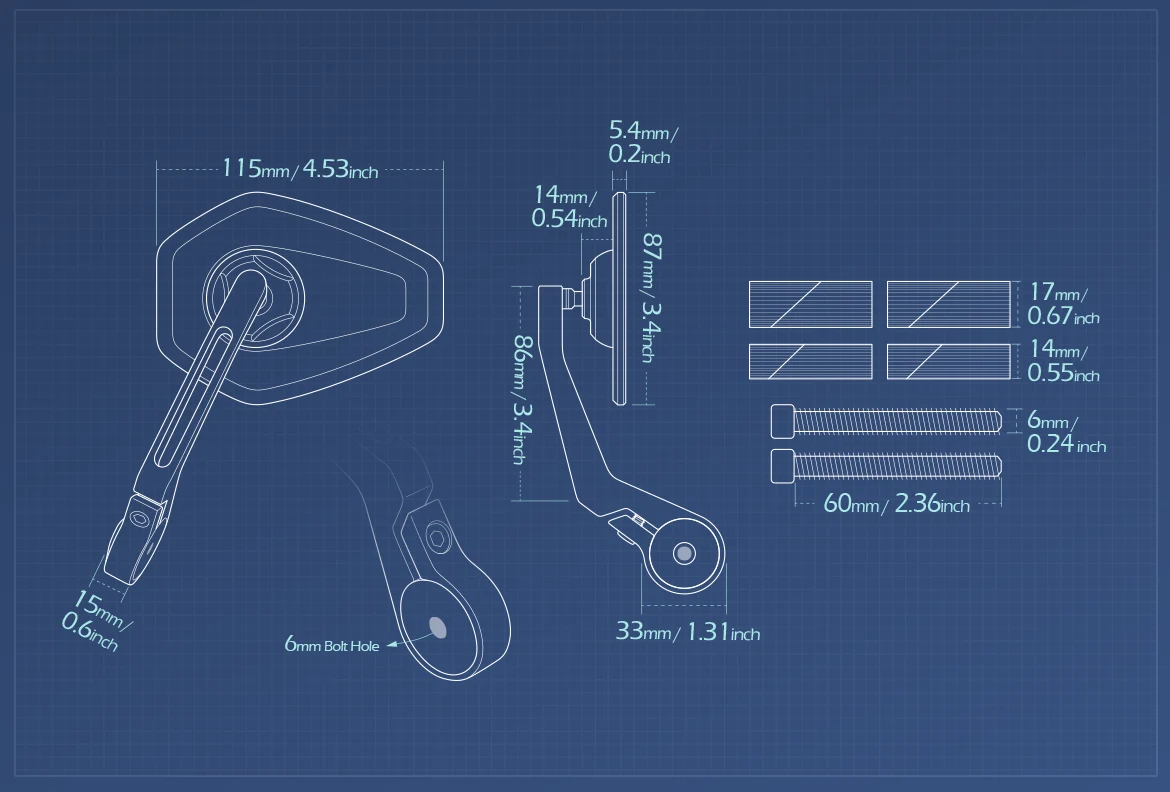 Measurement of KiWAV motorcycle bar end mirror Blok a pair for 7/8 inch hollow end handlebars