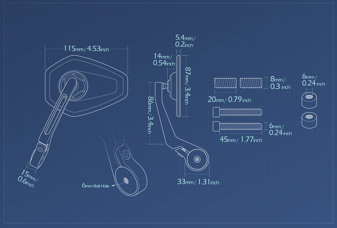 Measurement of KiWAV motorcycle bar end mirror Blok a pair compatible with Indian Scout Bobber