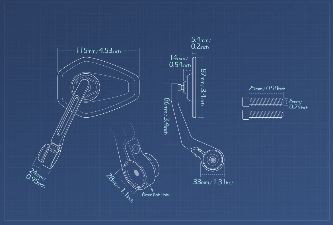 Measurement of KiWAV motorcycle bar end mirror Blok a pair compatible with Moto Guzzi