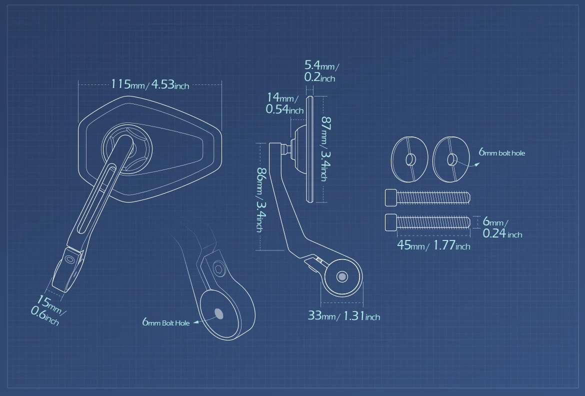 Measurement of KiWAV motorcycle bar end mirror Blok a pair compatible with Royal Enfield Interceptor 650