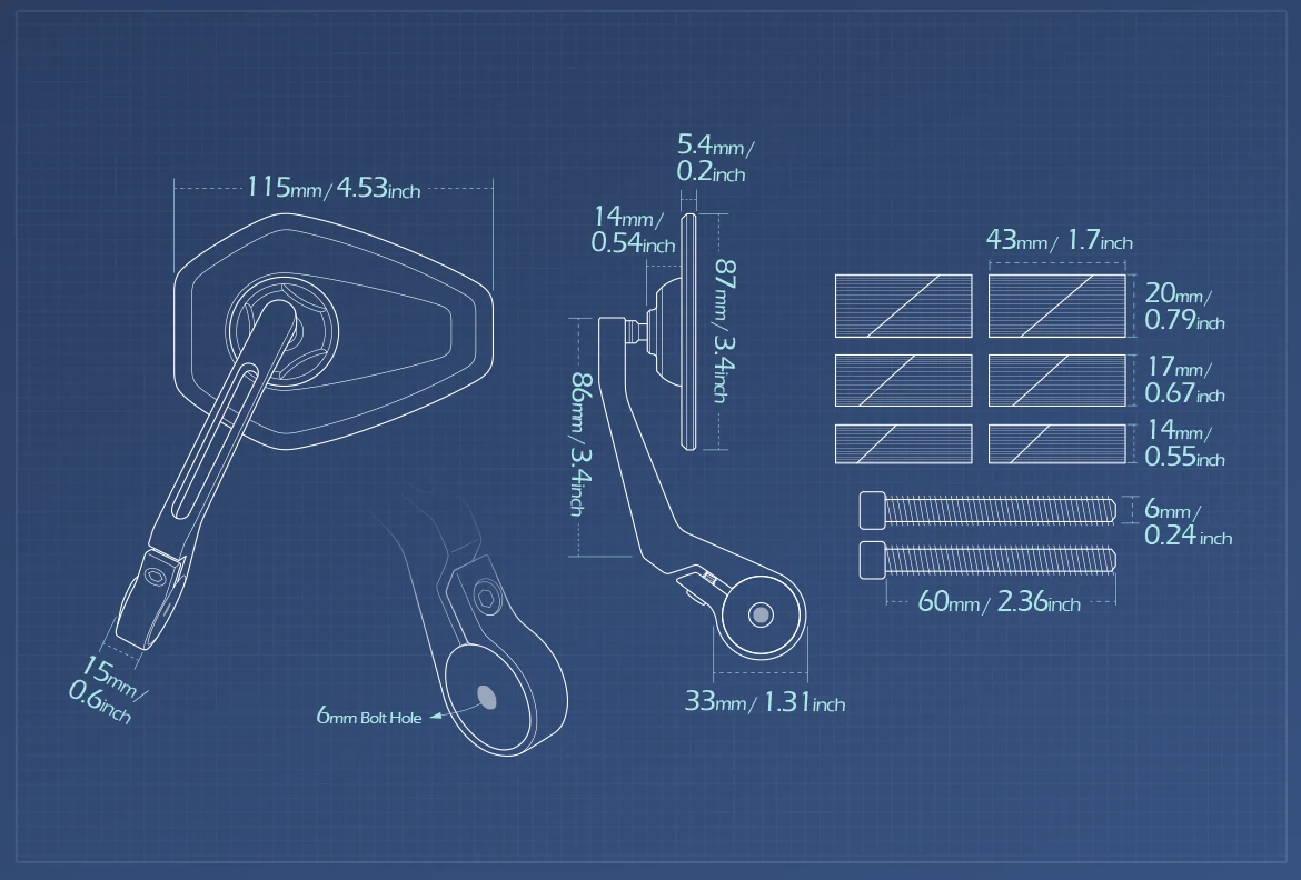 Measurement of KiWAV motorcycle bar end mirror Blok a pair universal fit for 7/8, 1, 1-1/4 inch hollow end handlebars