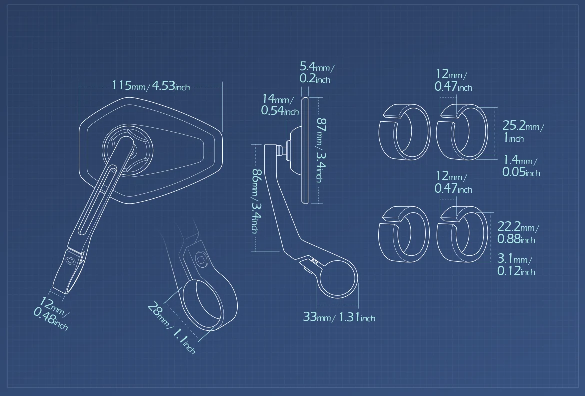 Measurement of KiWAV motorcycle bar end mirror Blok a pair for 22/25mm handlebar