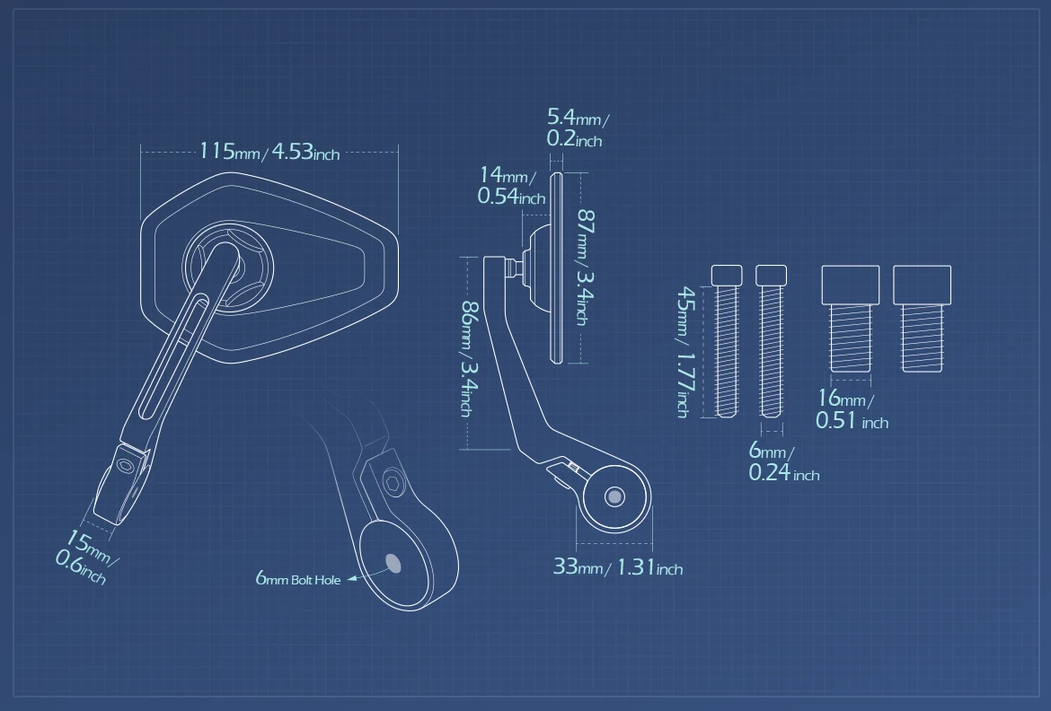 Measurement of KiWAV motorcycle bar end mirror Blok a pair compatible with Yamaha M16 threaded handlebars