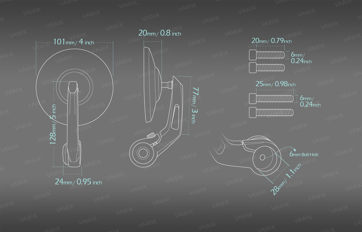 Measurement of VAWiK Bob motorcycle bar end mirrors for Triumph water-cooled motorcycles