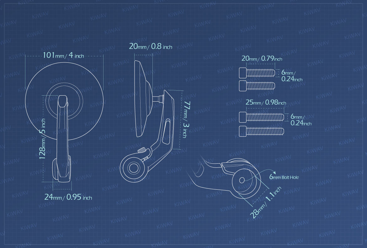 Measurement of KiWAV Bob motorcycle bar end mirrors for Triumph water-cooled motorcycles